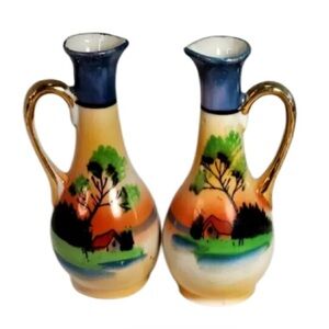Vintage T&T Japan Hand Painted Porcelain Bud Vase Pair Cottage Scene